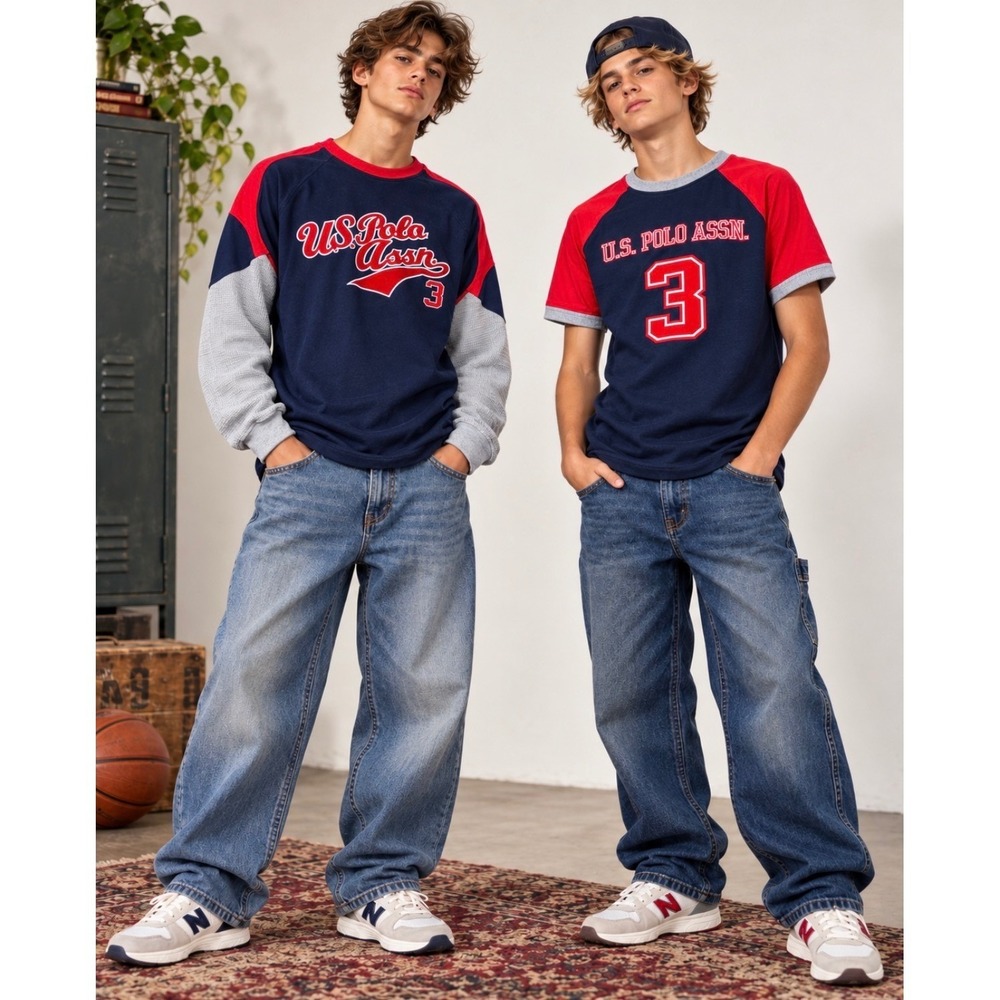 Vintage Y2K U.S. Polo Assn Boys L 2pc Shirt Lot Navy Red Varsity #3